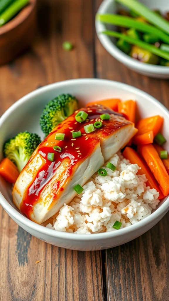 A bowl of teriyaki cod on rice with colorful vegetables and garnished with sesame seeds and green onions.